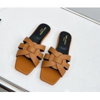 Durable Saint Laurent Flat Slide Sandals in Palm-Grained Leather Brown 0324133
