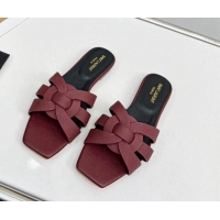 Lowest Price Saint Laurent Flat Slide Sandals in Palm-Grained Leather Burgundy 324134