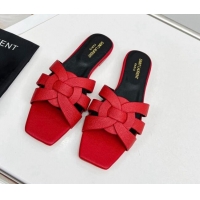 Hot Style Saint Laurent Flat Slide Sandals in Palm-Grained Leather Red 0324140