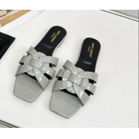 Good Quality Saint Laurent Flat Slide Sandals in Patent Leather Light Grey 324146
