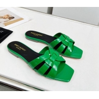 Sumptuous Saint Laurent Flat Slide Sandals in Patent Leather Green 324148