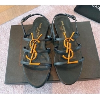 Best Grade Saint Laurent Calf Leather YSL Flat Sandals Black/Gold 325011