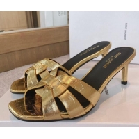 Top Grade Saint Laurent Medium Heel Slide Sandals 6.5cm in Stone Embossed Leather Gold 0325032