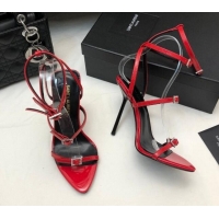 Recommended Saint Laurent Lila Leather Thong Sandals 10.5cm with Crystal Buckle Red 0506089