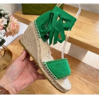 Durable Gucci GG Towel Fabric Wedge Sandals 10cm with Lace Green 022360