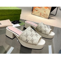 Charming Gucci Leather Heel Platform Slide Sandals 4cm Interlocking G Studs Cream White 403111