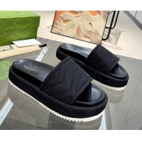 Sophisticated Gucci Chevron Fabric Platform Slide Sandals 5.5cm with GG Black 607084