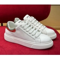 Pretty Style Prada White Soft Leather Sneakers with Gold and Red Heel Tab 022491
