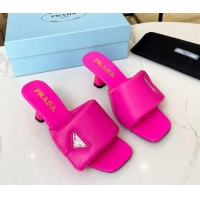 1:1 aaaaa Prada Soft Padded Nappa Leather Heel Slide Sandals 6.5cm Dark Pink 0609114