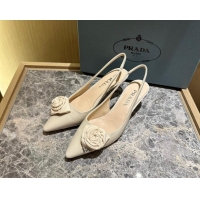 Good Looking Prada Patent Leather Slingback Pumps 5cm with Fabric Flower Light Beige 612139