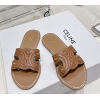 Grade Quality Celine Triomphe Leather Flat Slide Sandals Brown 022213