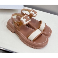 Good Quality Celine Clea Triomphe Sandals in Calfskin and Canvas Brown/White 331066