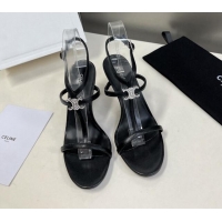 Top Grade Celine Triomphe Leather Heel Sandals with Crystal Black 524096