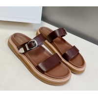 Purchase Celine Leather Slide Sandals with Buckle Dark Brown 619069