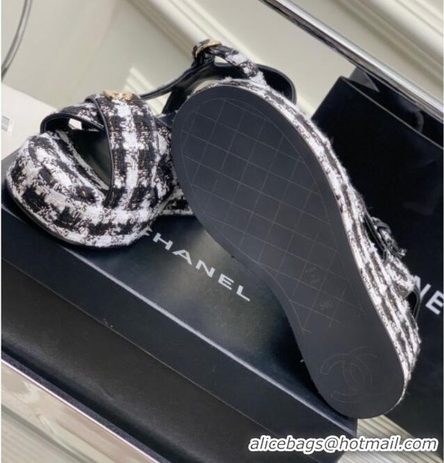 Top Grade Chanel Cotton Tweed Wedge Platform Sandals 5cm G39918 Black/White 403060