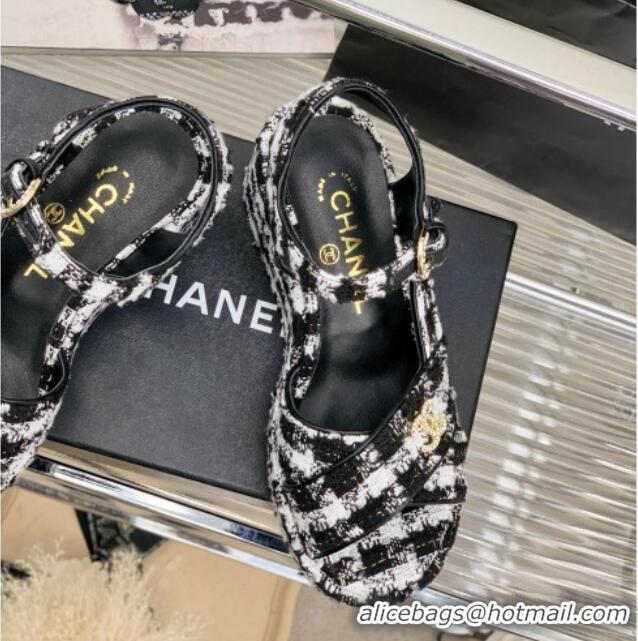 Top Grade Chanel Cotton Tweed Wedge Platform Sandals 5cm G39918 Black/White 403060