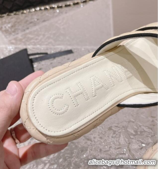 Best Product Chanel Quilted Leather Platform Slide Sandals 7cm Beige 524129