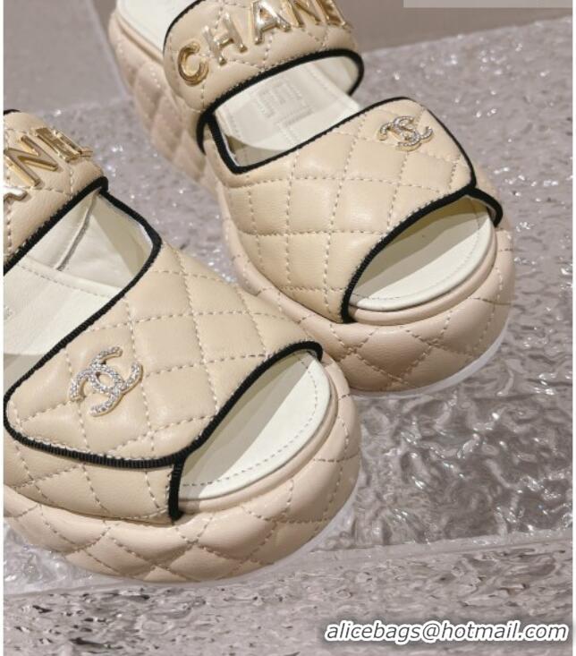 Best Product Chanel Quilted Leather Platform Slide Sandals 7cm Beige 524129