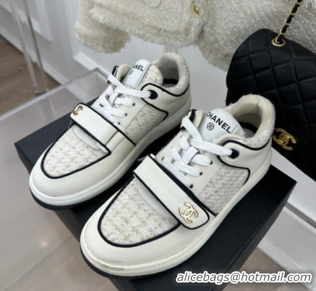 Unique Style Chanel Tweed Sneakers with Velcro G33035 White 525053