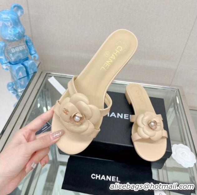 Top Design Chanel Camellia Lambskin Flat Slide Sandals Beige 619128