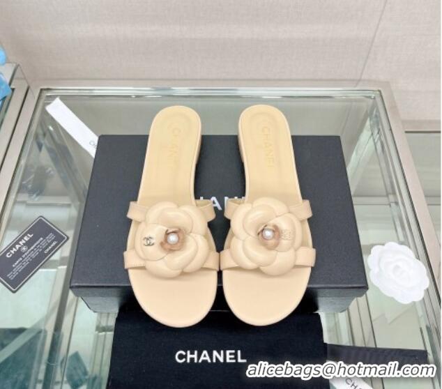 Top Design Chanel Camellia Lambskin Flat Slide Sandals Beige 619128