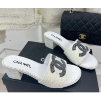 Pretty Style Chanel CC Tweed Heel Slide Sandals 5cm White 428152