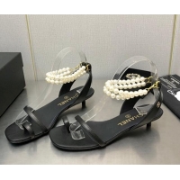 Hot Style Chanel Heel Sandals with Pearls Ankle Strap Black 505026