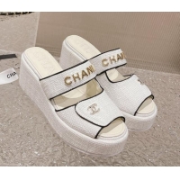 Pretty Style Chanel Tweed Platform Slide Sandals 7cm White 524135