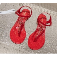Low Cost Chanel Lambskin Heel Thong Sandals 5cm with Chain CC Red 525038