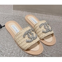 Good Product Chanel Raffia Straw Flat Slide Sandals with Crystal CC Beige 525057