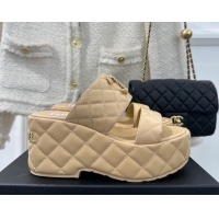 Pretty Style Chanel Quilted Lambskin Platform Sandals 7.5cm with Chain CC Beige 619081