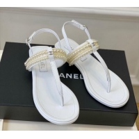 Good Looking Chanel Leather Flat Thong Sandals with Pearls White 619088