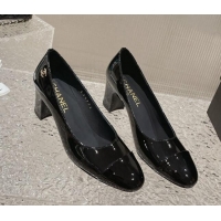 Best Grade Chanel Patent Calfskin Medium Heel Pumps 6.5cm Black 619109