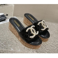 Unique Style Chanel Patent Calfskin Wedge Slide Sandals with Pearl CC Black 619149