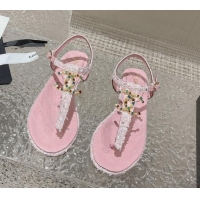 Best Price Chanel Tweed Flat Thong Sandals with Stone CC Pink 703078