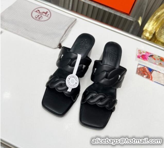 Duplicate Hermes Gaby Leather Heel Slide Sandals 6cm All Black 426019