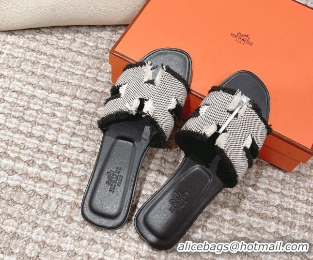 Sophisticated Hermes Classic Flat Slide Sandals in Fringe Fabric Black 525146
