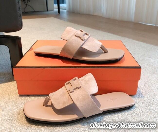 Good Product Hermes Galerie Flat Thong Slide Sandals in Suede Nude 525162