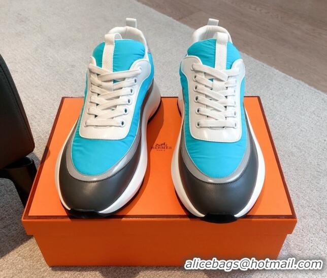Charming Hermes Men's Gramme Sneakers in Parachute Fabric and Calfskin Light Blue 625012