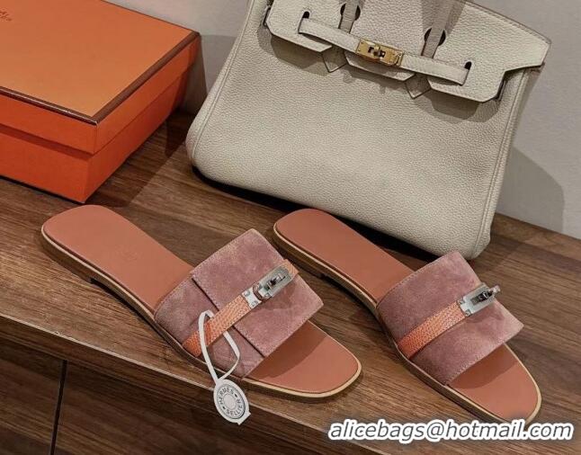 Best Product Hermes Giulia Flat Sandals in Suede and Leather Pink/Orange 725006