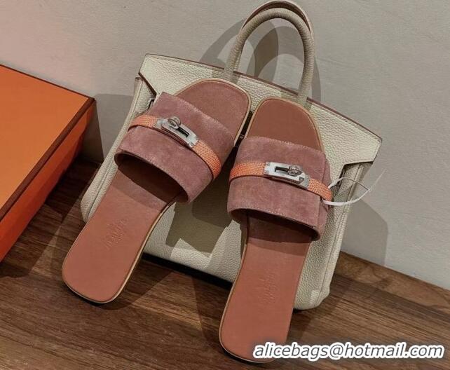 Best Product Hermes Giulia Flat Sandals in Suede and Leather Pink/Orange 725006