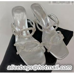 Shop Duplicate Valentino Chain 1967 Slide Sandal with Crystals 100mm Silver 353114