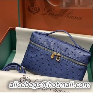 Top Quality Loro Piana Extra Pocket L19 Pouch in Ostrich Pattern Calfskin LP5435 Blue/Gold 2023