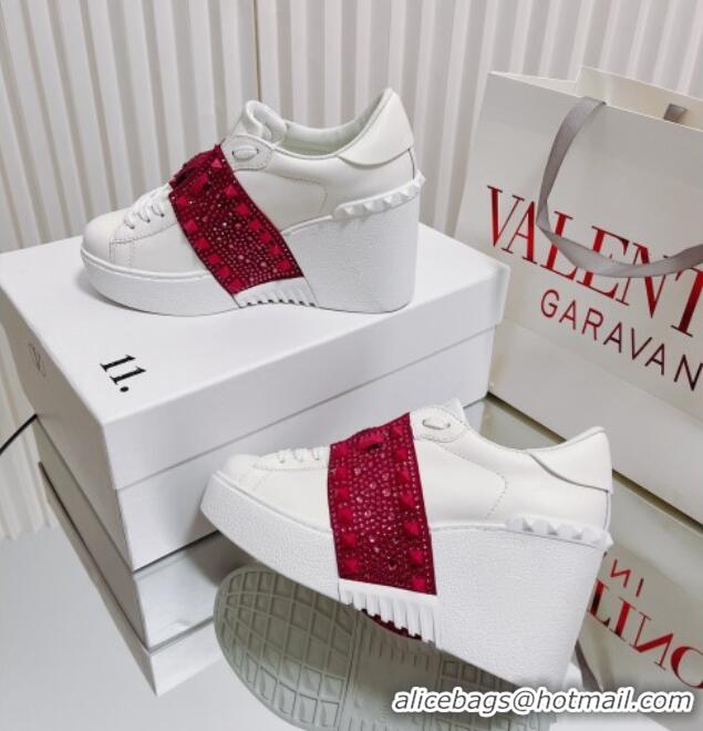Best Grade Valentino Open Disco Wegde Sneakers in Calfskin with Crystal Studs Band White/Pink 0725047