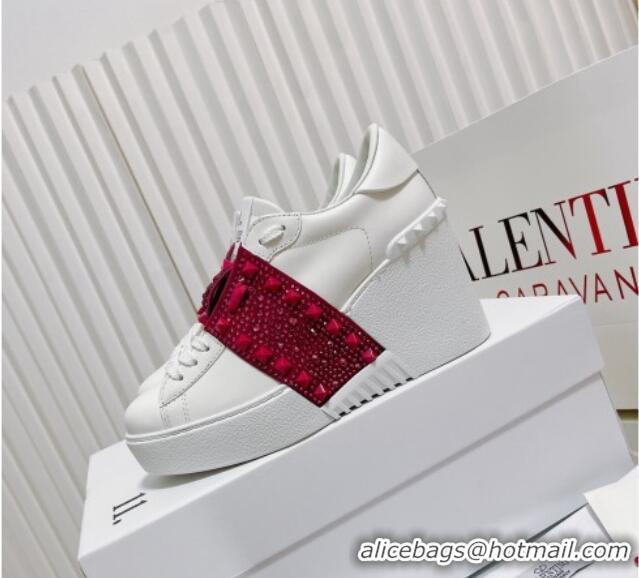 Best Grade Valentino Open Disco Wegde Sneakers in Calfskin with Crystal Studs Band White/Pink 0725047