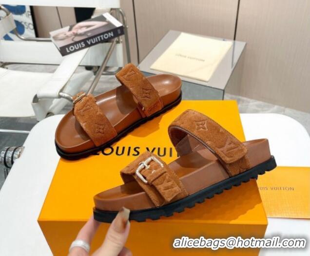 Luxury Louis Vuitton Bom Dia Flat Comfort Slide Sandals in Monogram Suede Cognac Brown 625072