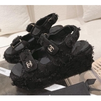 Purchase Chanel Canvas Wedge Sandals 7.5cm with Fringe Black 071054