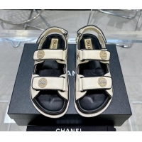 Best Quality Chanel Lambskin Flat Strap Sandals with Crystal Coin Cream White 724048