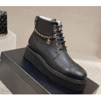 Best Price Chanel Calfskin Platform Lace-up Ankle Boots with Chain Black 728054