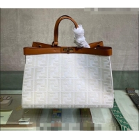 Top Grade Fendi Peekaboo X-Tote Canvas Shopper Bag with FF embroidery F15046 White/Brown 2023